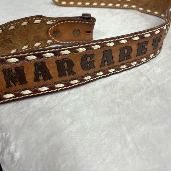 Vintage Brazos Joe Tooled Leather Belt with Margaret stamped on back - Picture 2 of 13